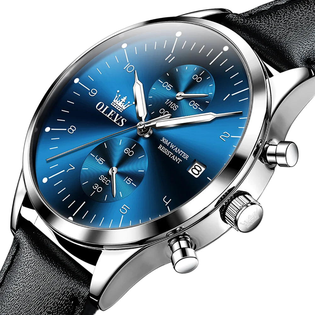 Watch with blue dial and black leather strap on a white background