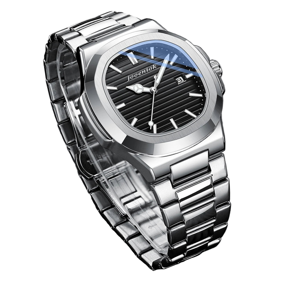 Silver watch with a black face on a textured gray background
