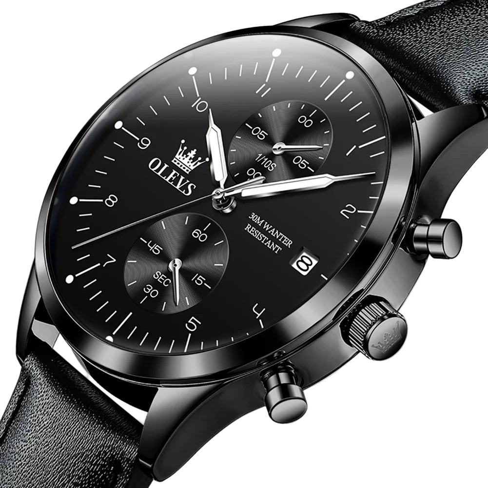 Black wristwatch with detailed face and leather strap on a white background