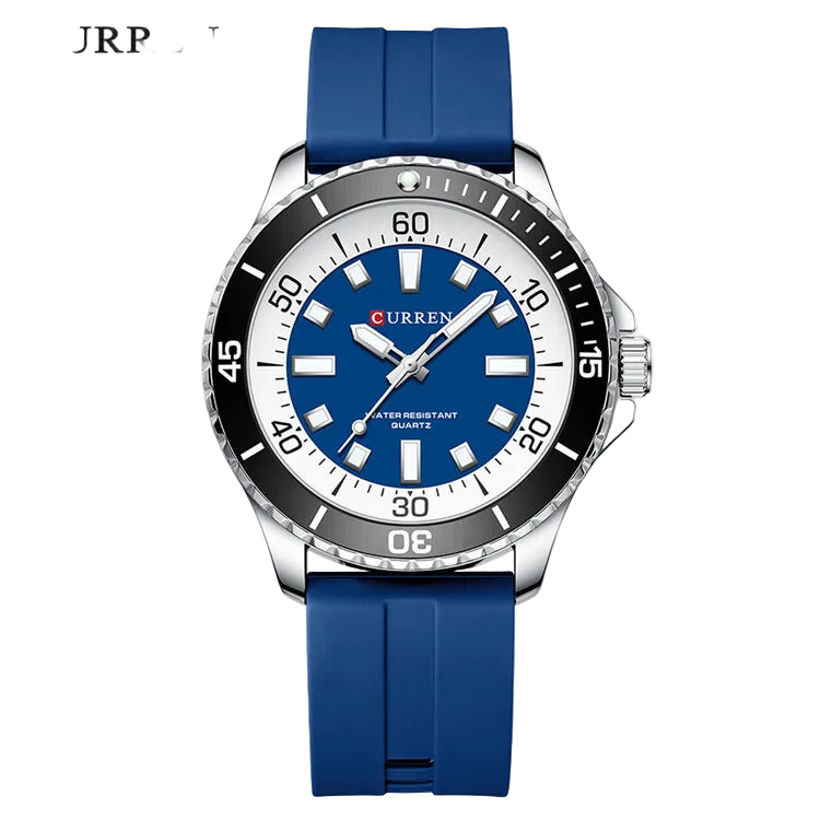 Blue wristwatch with white dial on a white background, featuring the brand 'Curren'.