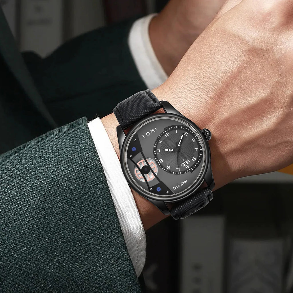 Black wristwatch on a person's wrist with a blurred background