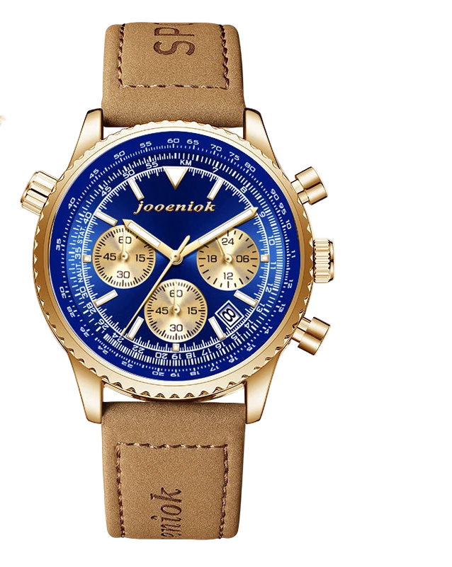 Jooeniok watch with blue face and brown leather strap on a white background