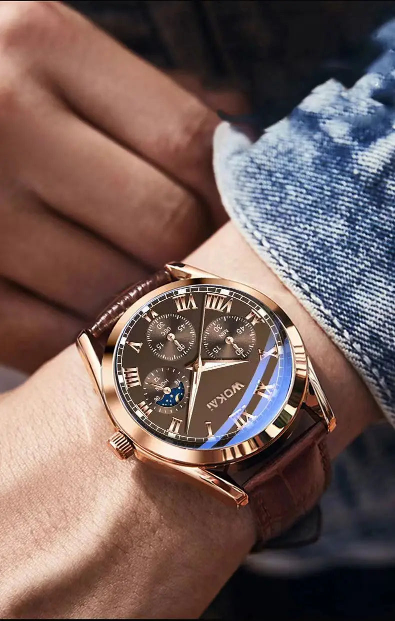 Luxury watch on a wrist with a detailed face, worn against a blurred denim background.