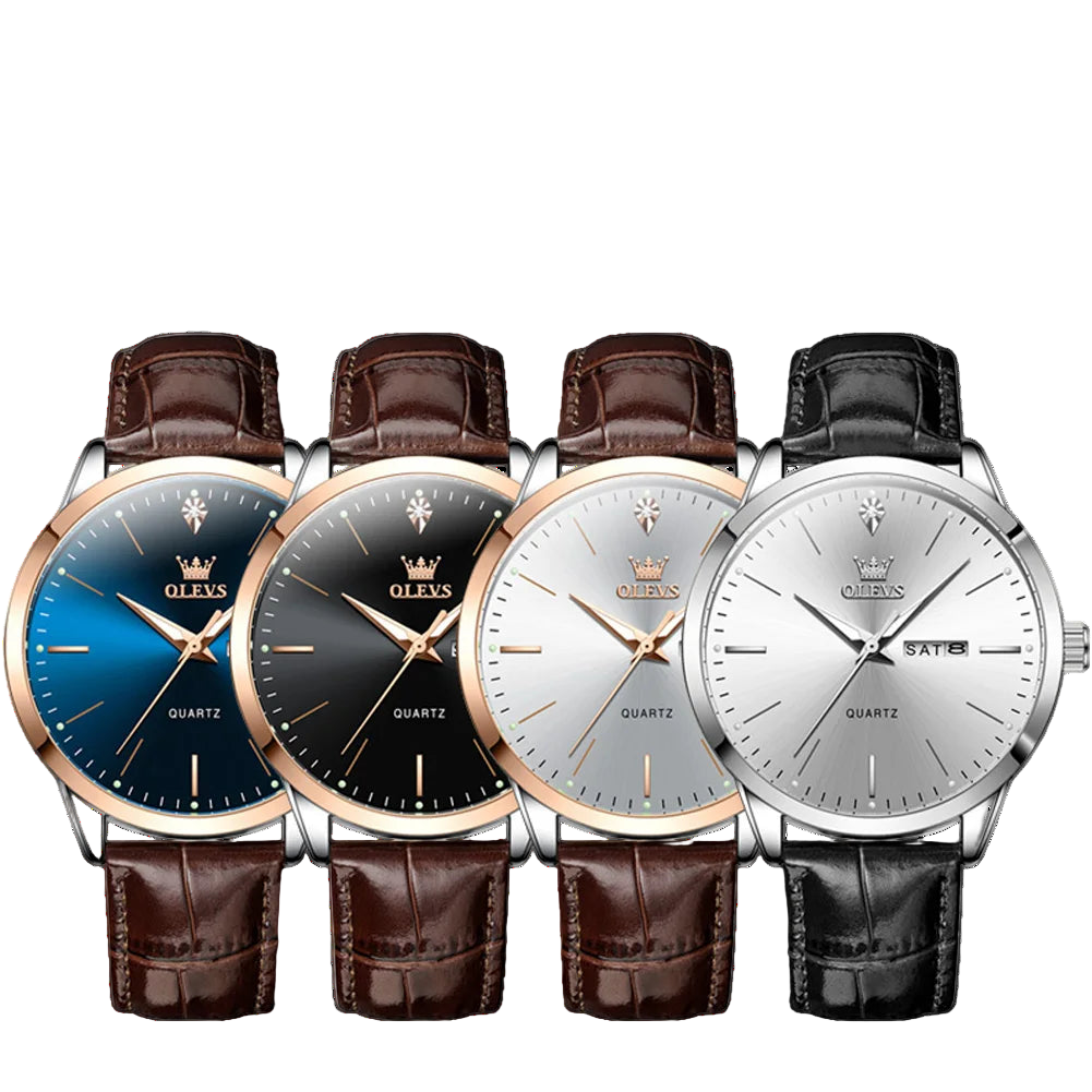 Four watches with different colored faces and brown leather straps, featuring the OLEVS brand.
