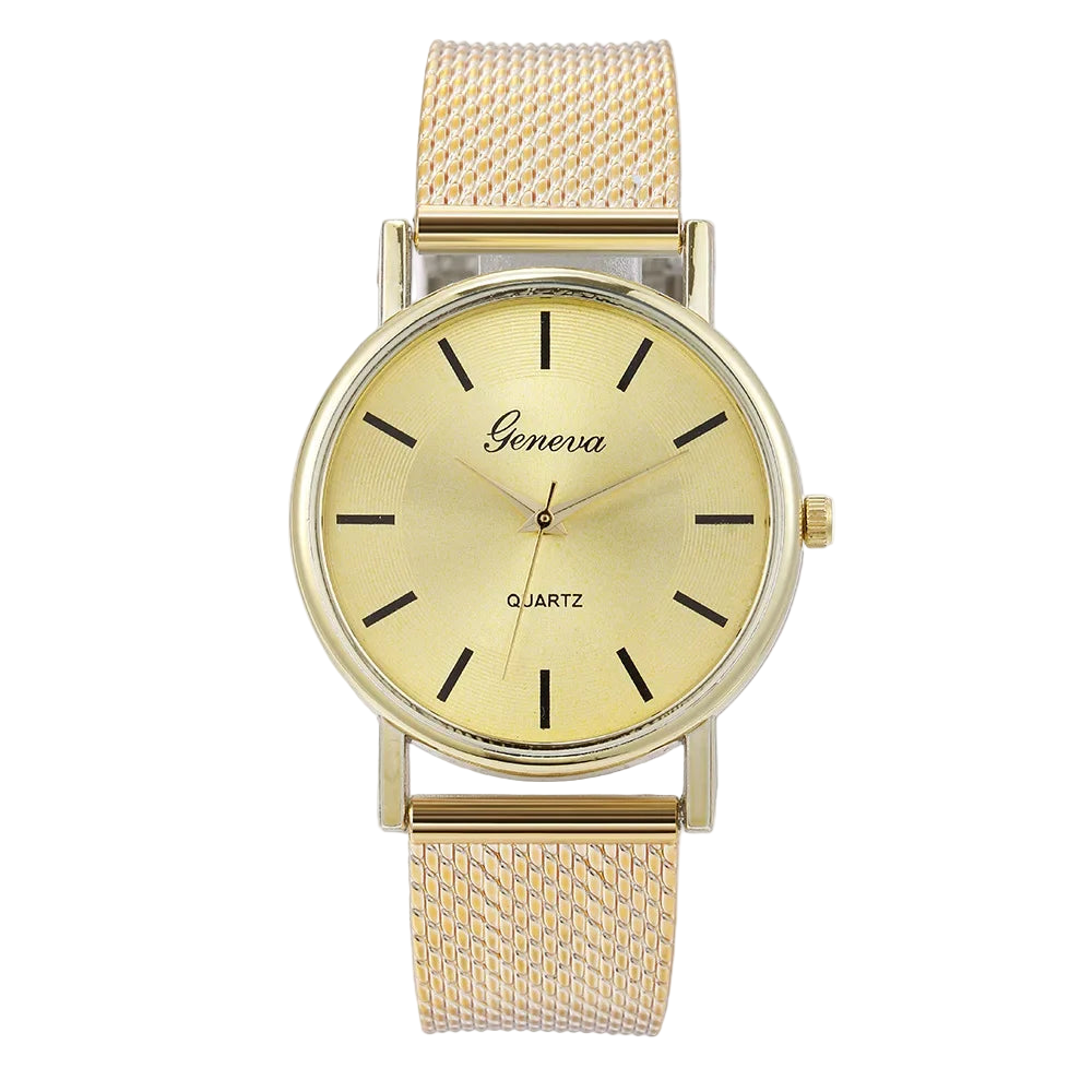 Gold watch with 'Geneva' branding on a white background
