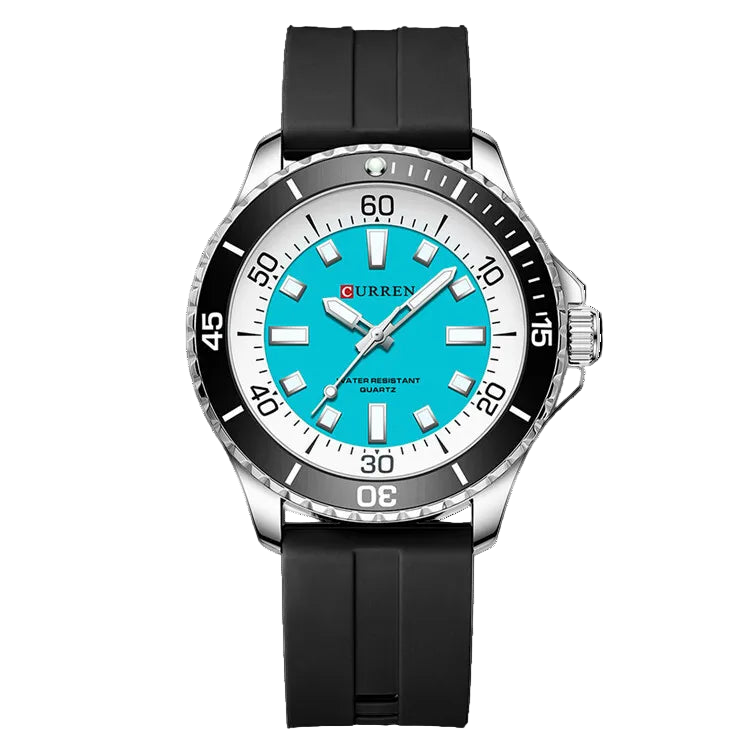 Curren watch with black strap and blue face on a white background