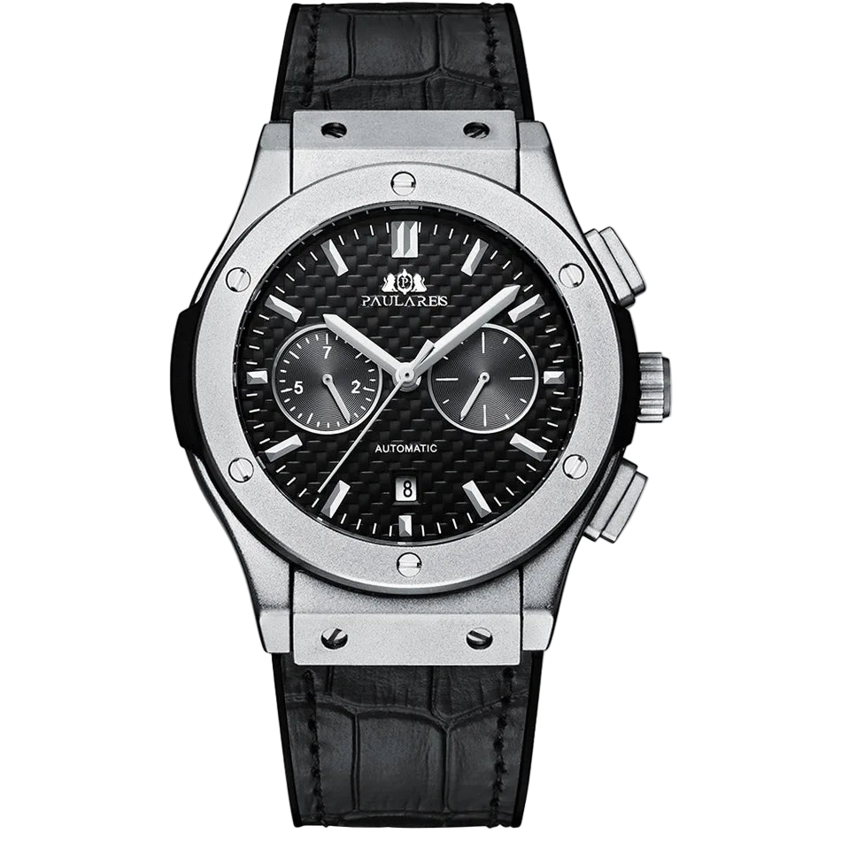 Luxury watch with black dial and leather strap on a white background