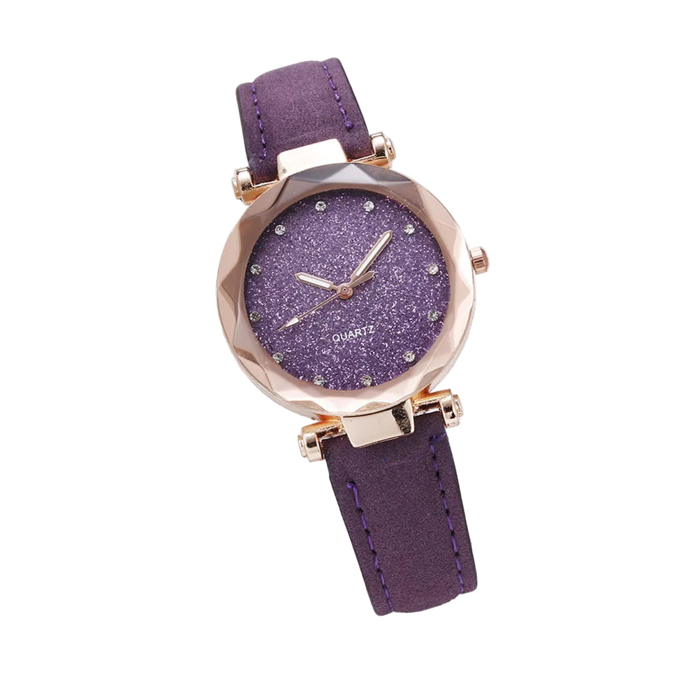 Purple watch with rose gold accents on a white background
