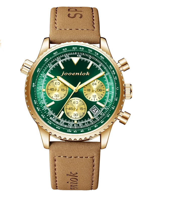 Jooeniok watch with green face and brown leather strap on a white background