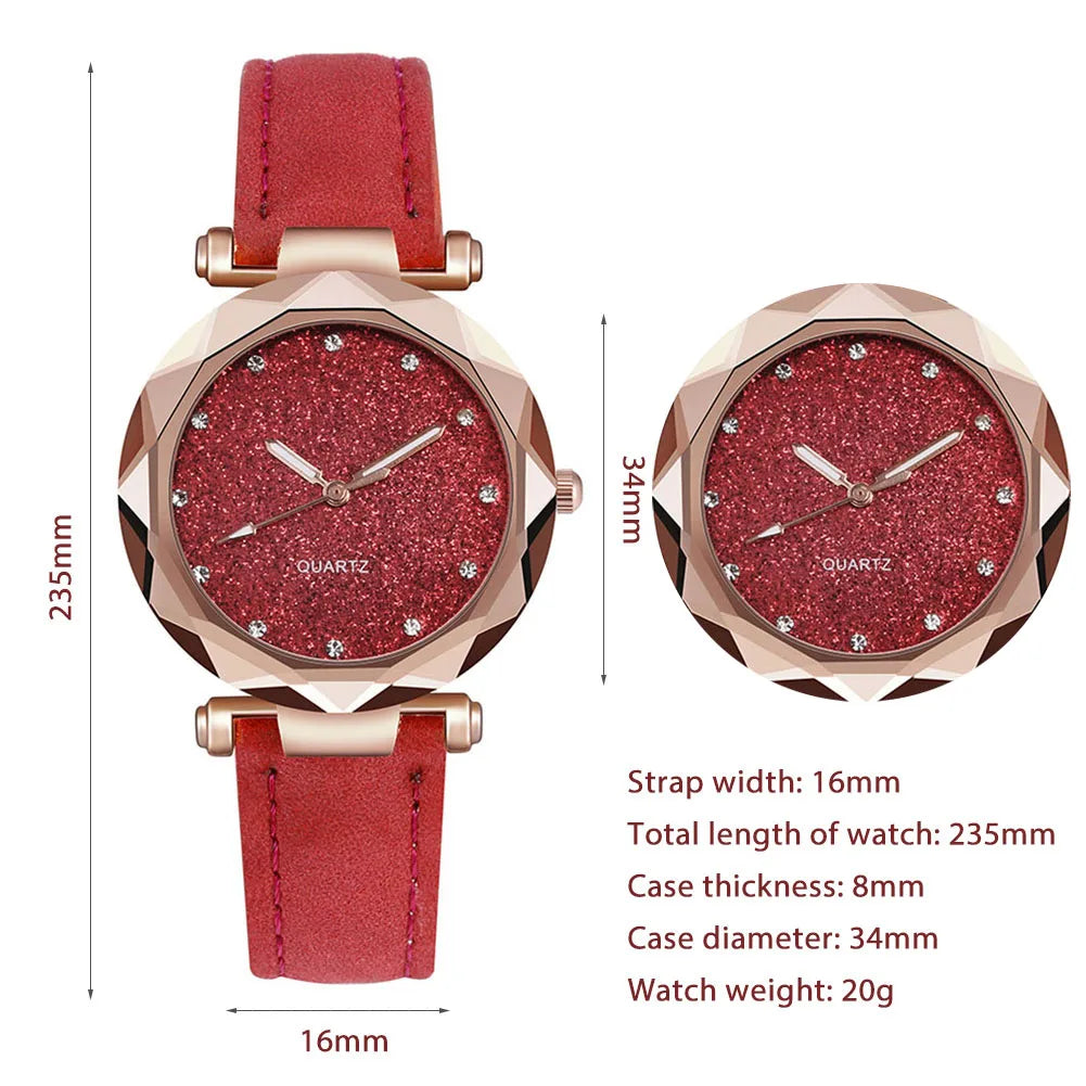 Red watch with rose gold case and strap, showing measurements on a white background