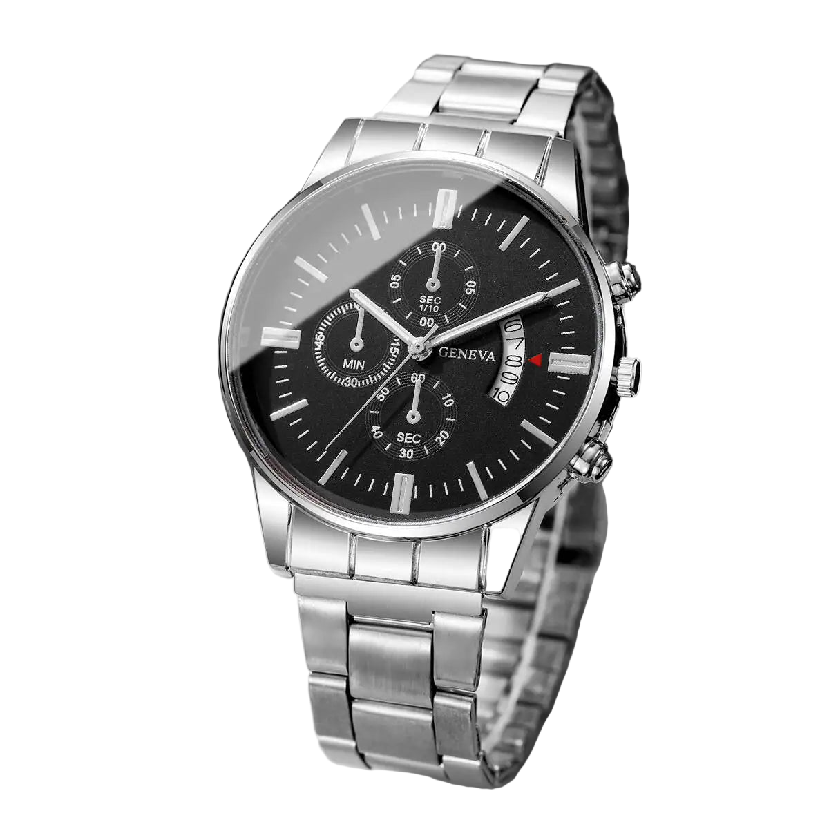 Silver wristwatch with black dial on a laptop keyboard