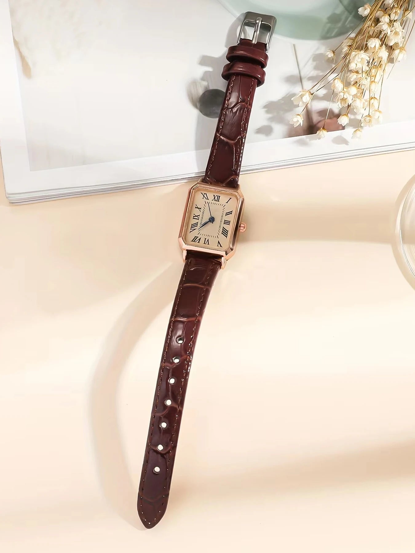 Casual Rectangle Pointer Quartz Watch Rome Fashion Analog Retro PU Leather Wrist Watch For Women Girls - Additional produc...