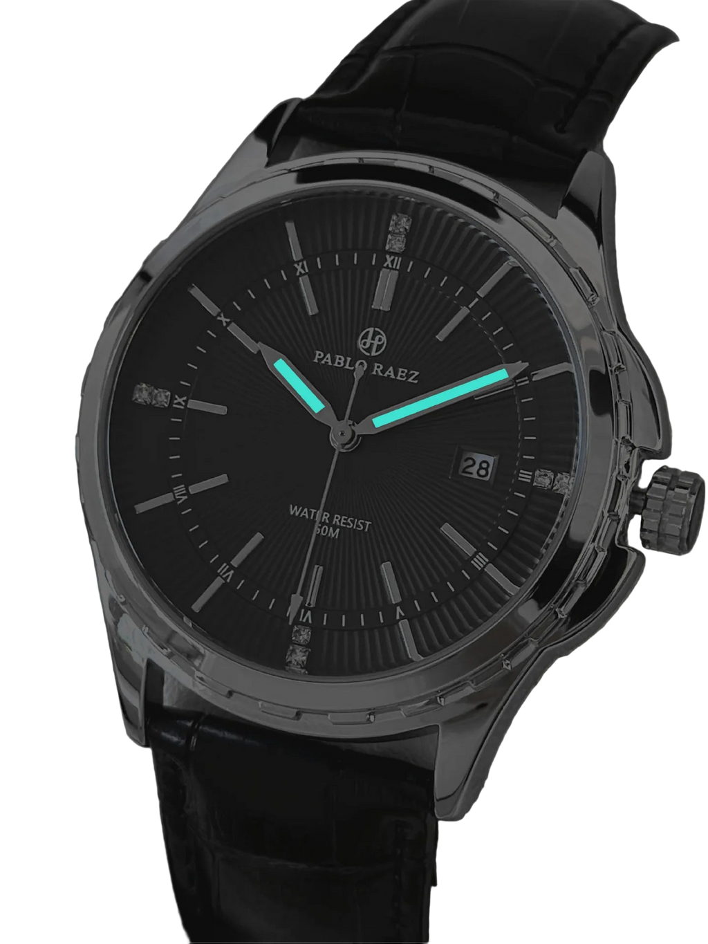 Pablo Rabaz watch with black face and leather strap on a light gray background
