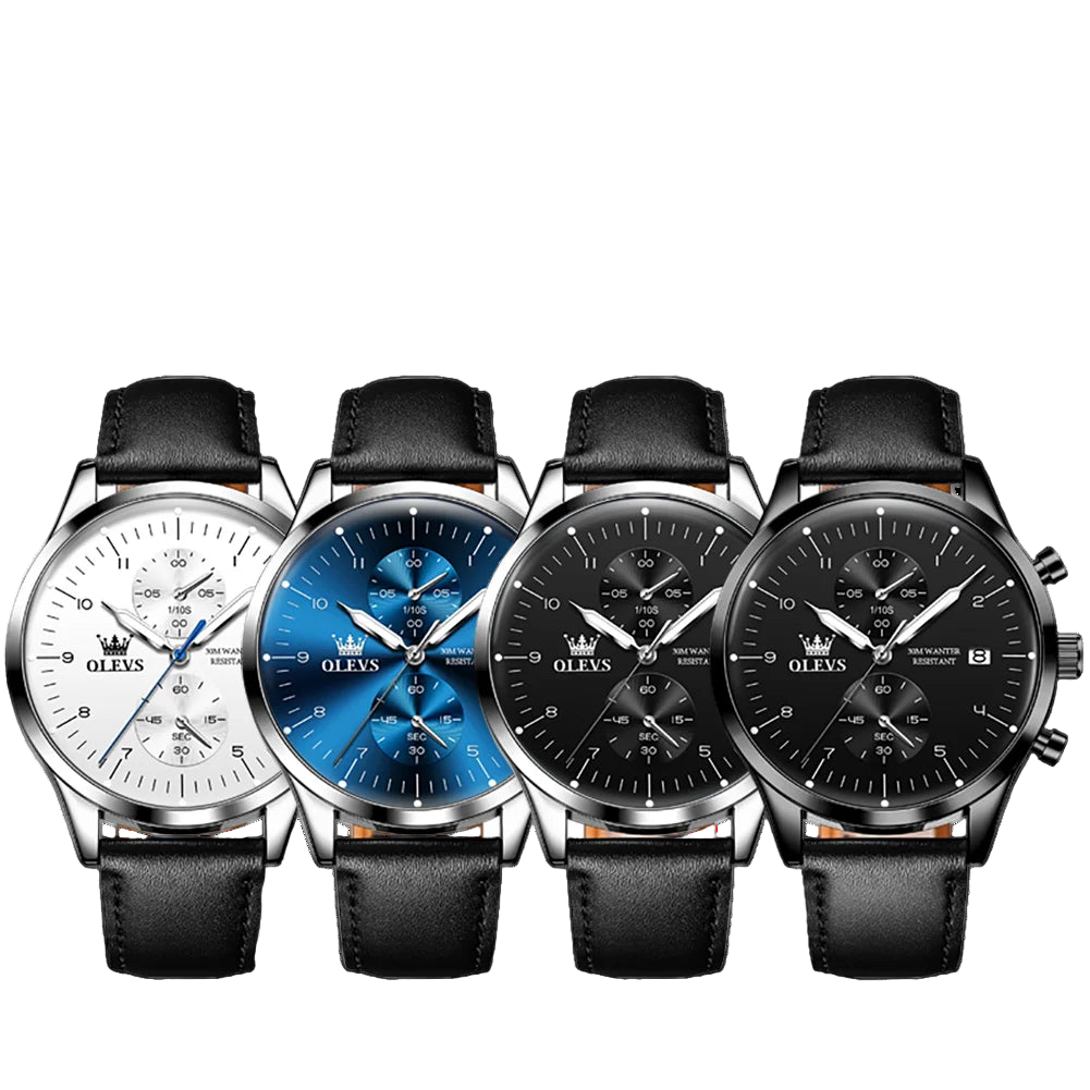 Four OLEVS watches with different colored faces on a white background