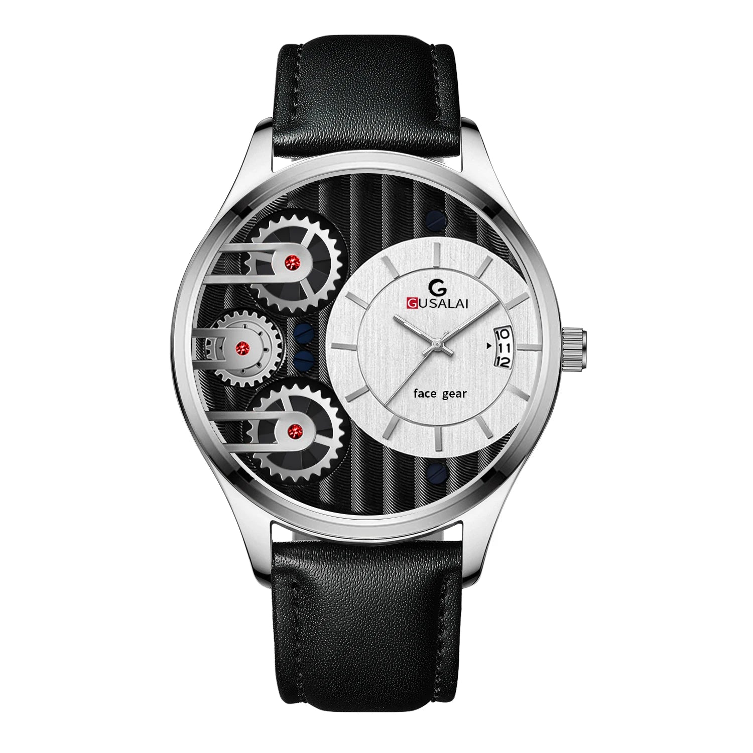 2025 New Men Watch Black Leather Creative Rotating Gear 44mm Military Sports Wind Clock Quartz Movement Wrist Watch reloj hombre