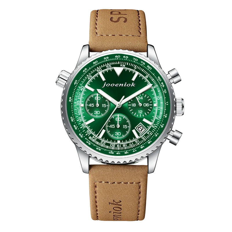 Watch with green face and brown leather strap on a white background, featuring the brand 'jooeniok'.
