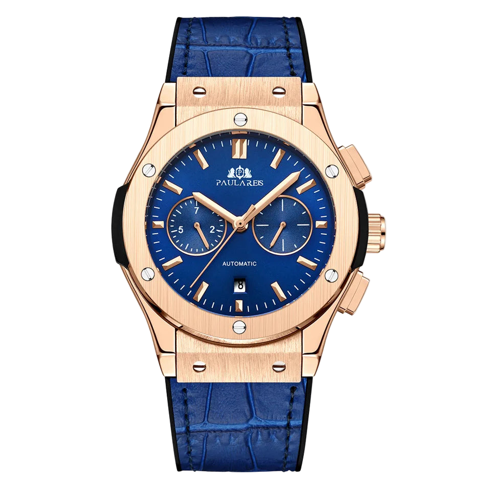 Luxury watch with blue strap and rose gold case on a white background
