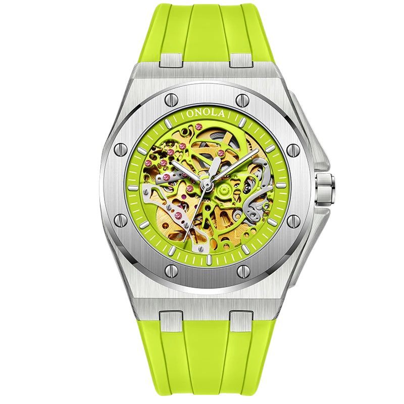 Watch with a green strap and yellow face on a white background