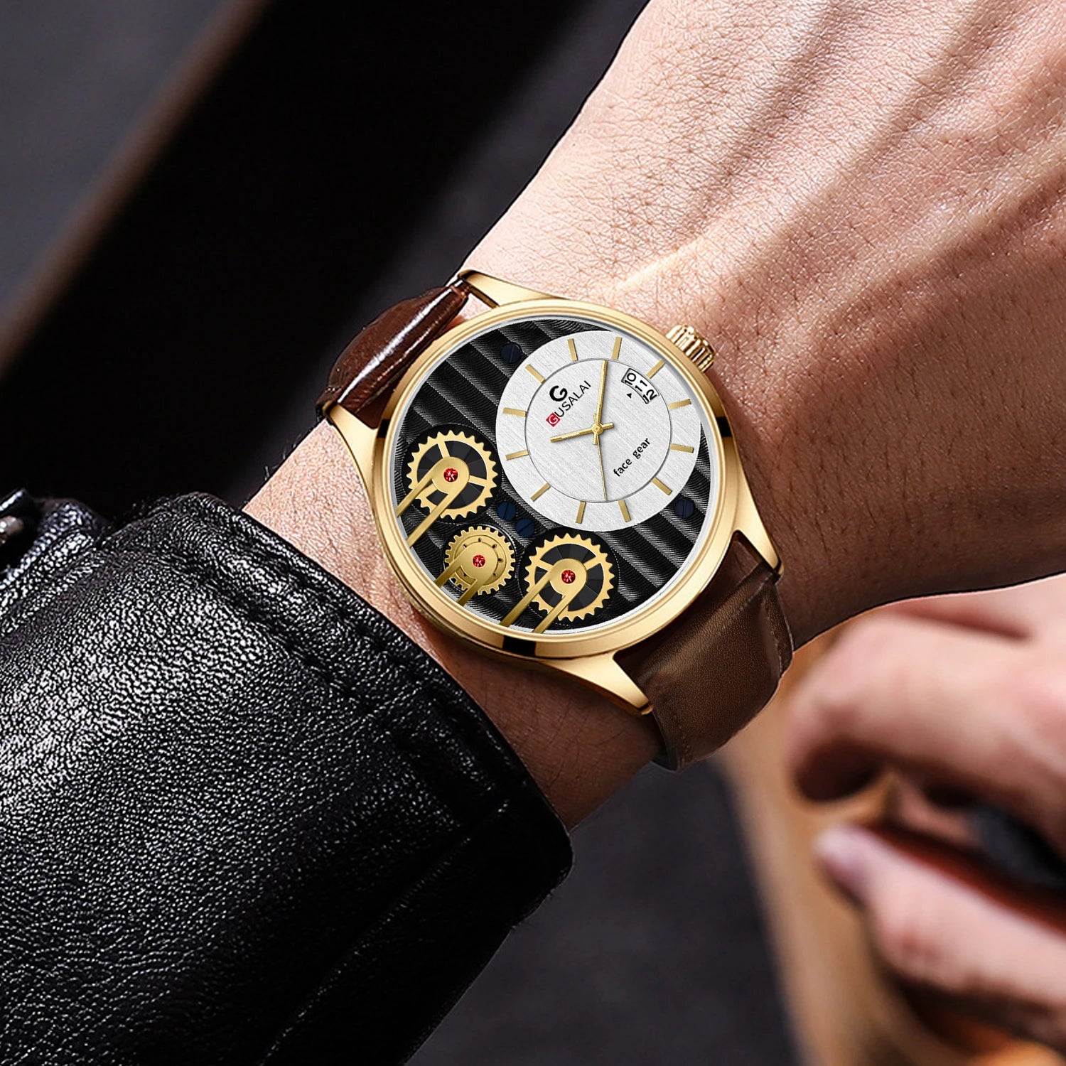 2025 New Men Watch Black Leather Creative Rotating Gear 44mm Military Sports Wind Clock Quartz Movement Wrist Watch reloj hombre