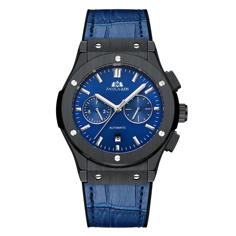 Watch with blue face and strap on a white background