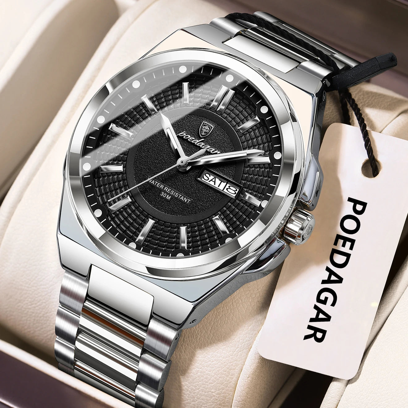 POEDAGAR Sport Original Men Clock Quartz Date Week Luxury Man Wristwatch Waterproof Luminous Stainless Steel Men's Watches...