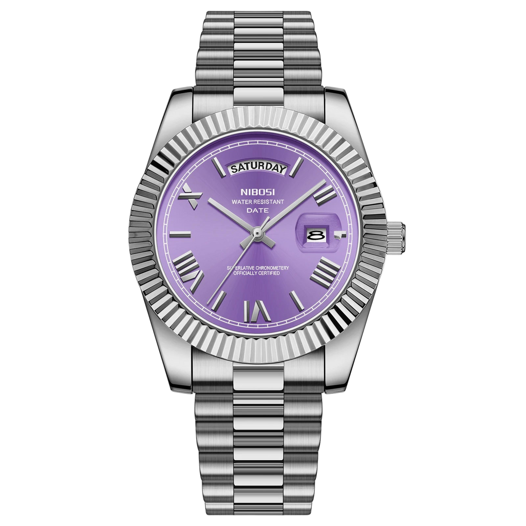 Silver watch with a purple face on a white background, featuring the NIBOSI brand.