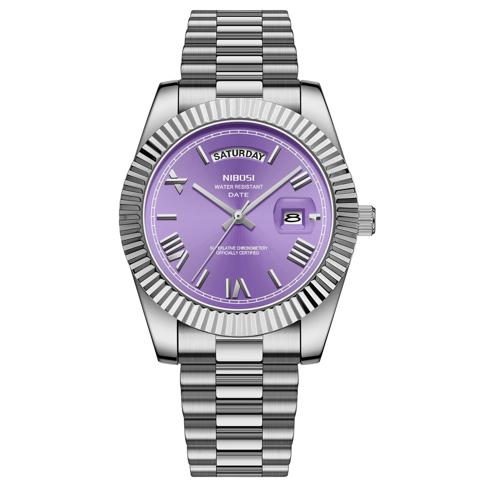 Silver watch with a purple face on a white background, featuring the NIBOSI brand.