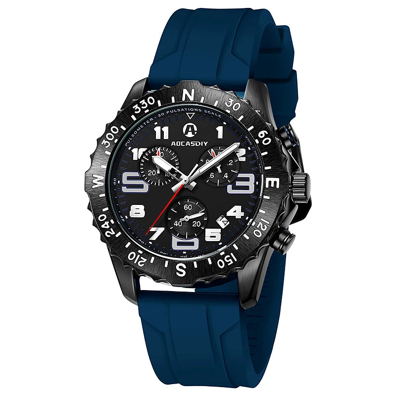 Wristwatch with blue strap and black dial on a white background