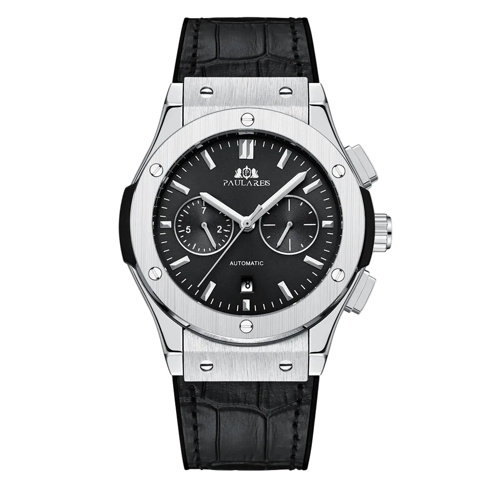 Paula&RES watch with black dial and leather strap on a white background