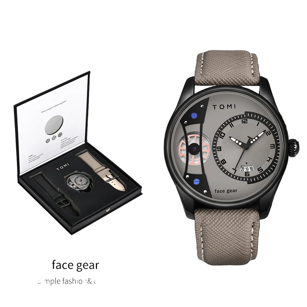 Tomi watch with beige strap and detailed face, displayed with packaging on a dark background.