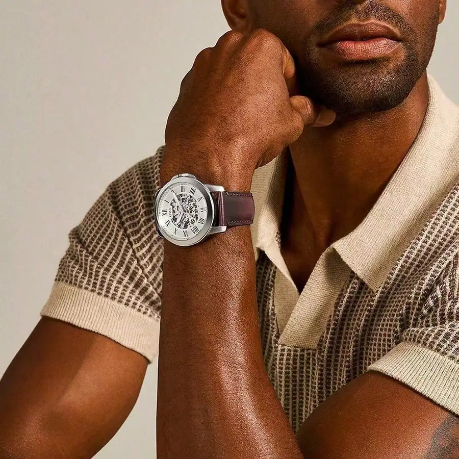 unisex casual watch vastara - fossil man watches white dial and brown leather strap - daily wear timepiece with white dial