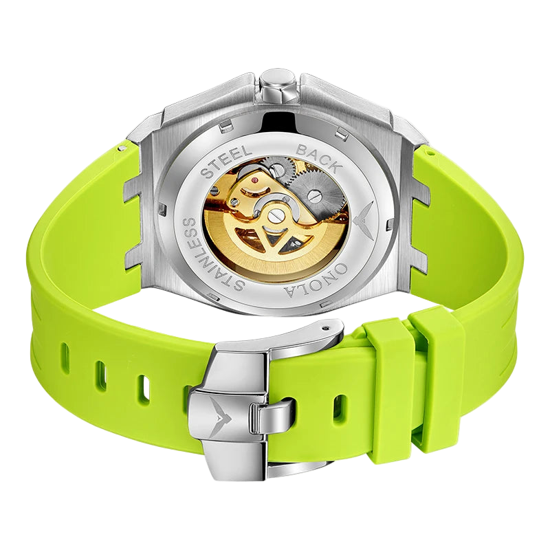 Watch with green strap and silver case on a white background, featuring the ONOLA brand.