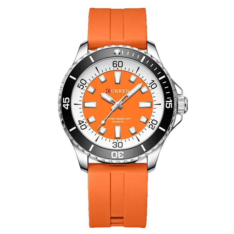 Orange watch with a white face on an orange strap, featuring the brand 'Curren'.
