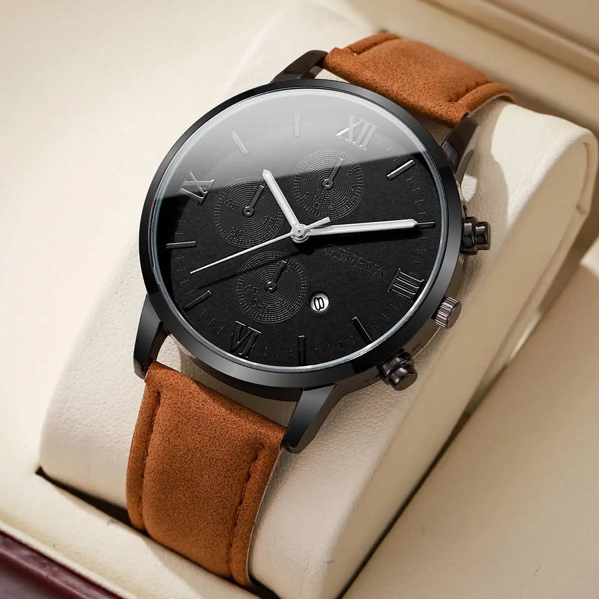 Fashion Roma Dial Men's Watch Casual Leather Strap Men Business Watches Analog Quartz Wristwatches with Calendar（Without B...