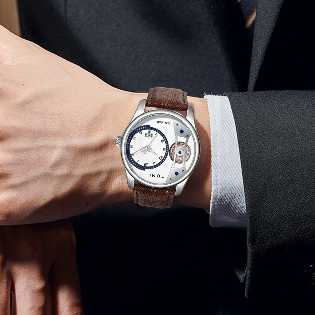 Close-up of a wrist wearing a silver watch with a brown leather strap, set against a dark suit background.