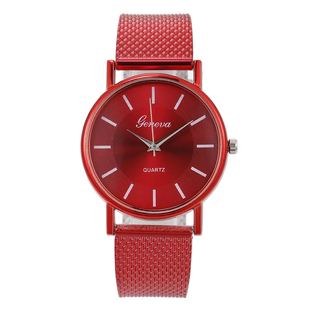 Red watch with mesh strap on a white background