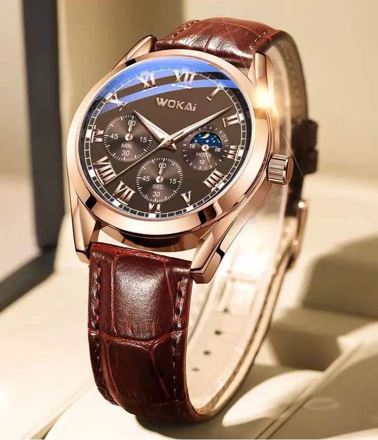 Luxury wristwatch with brown leather strap and detailed face on a light background