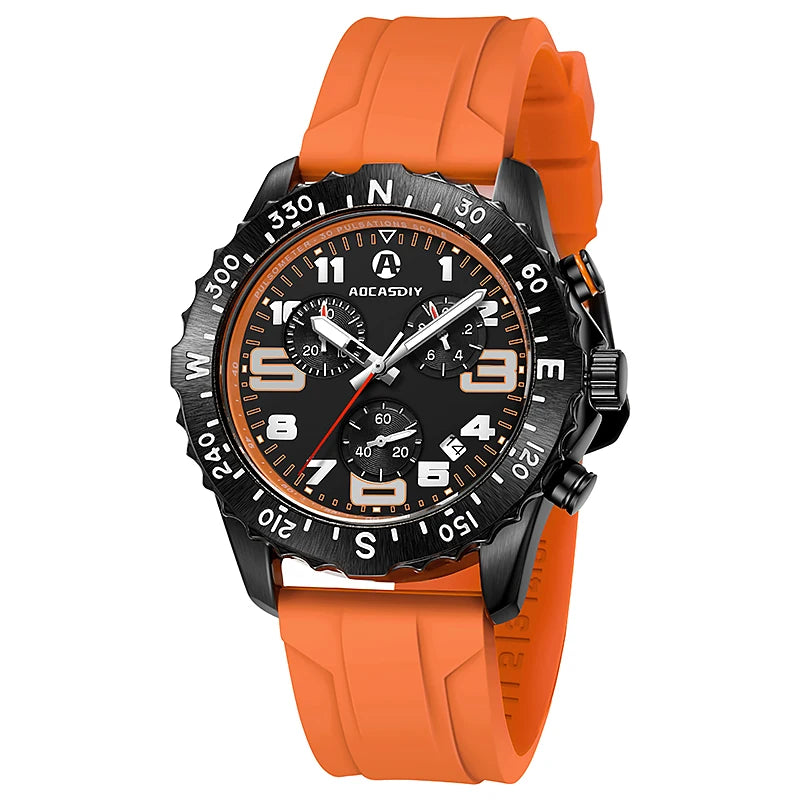 Orange watch with a black dial on a white background