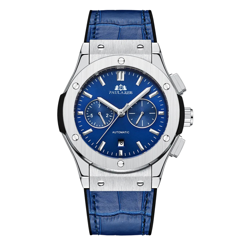 Luxury watch with blue dial and strap on a white background