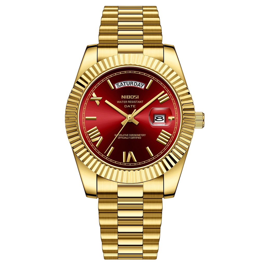 Gold wristwatch with a red face on a white background, featuring the brand 'NIBOSI'.
