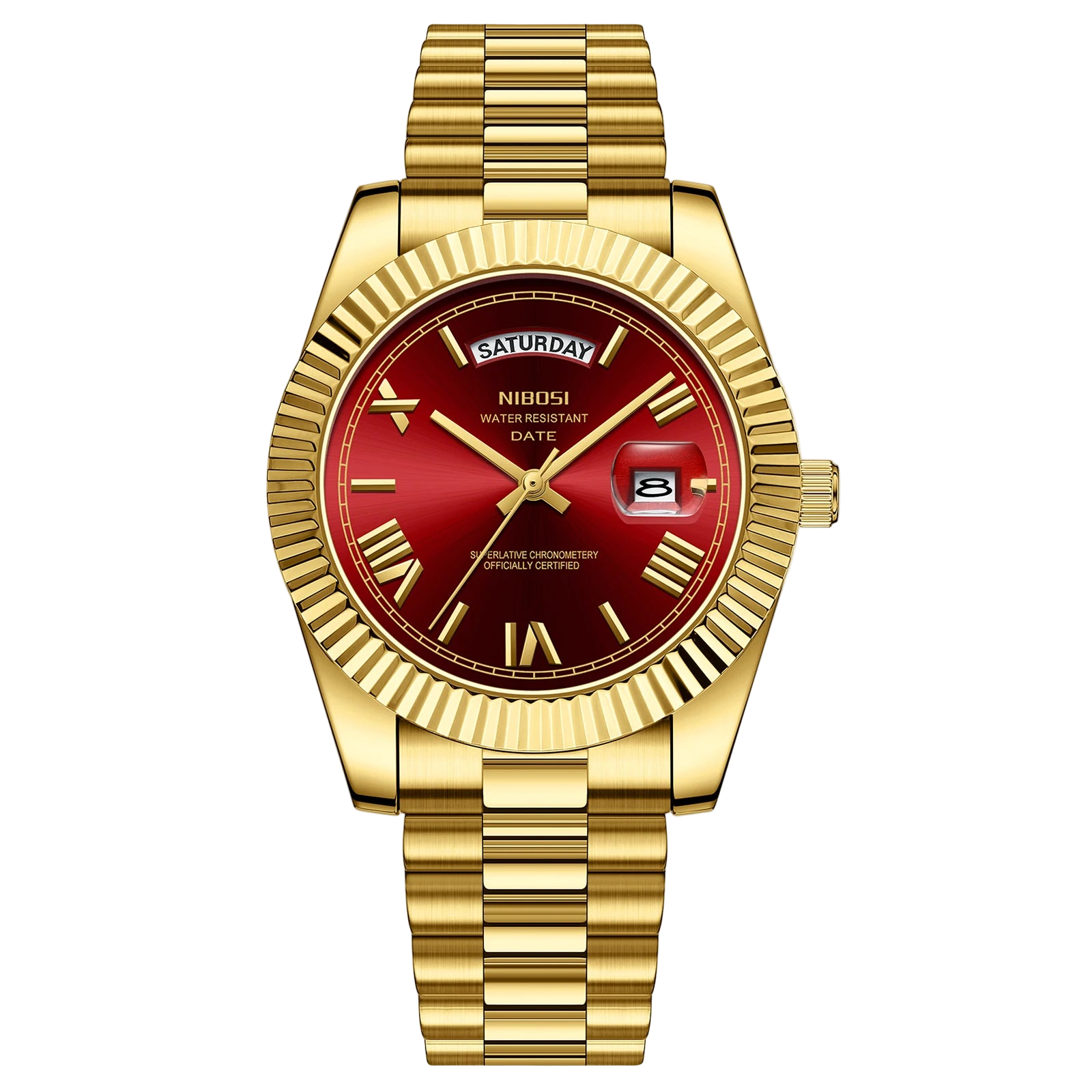 Gold wristwatch with a red face on a white background, featuring the brand 'NIBOSI'.