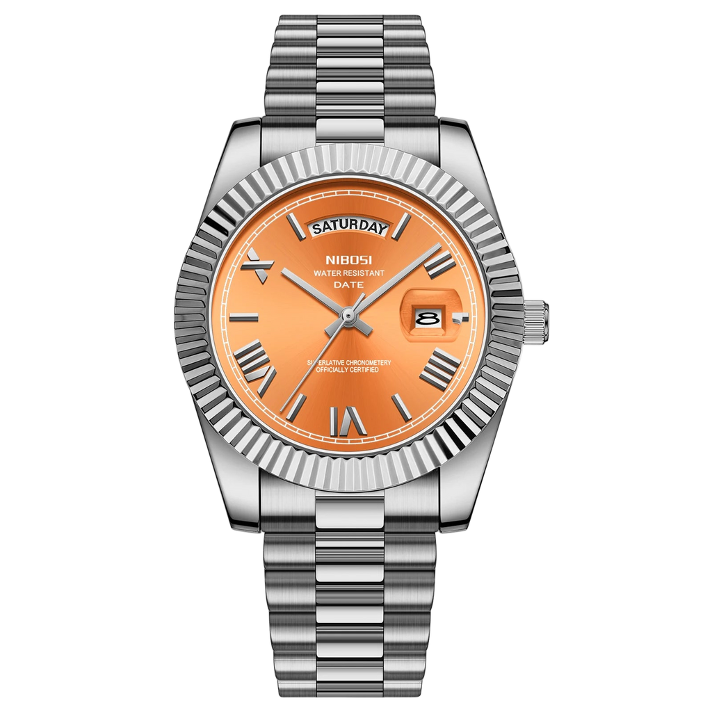 NIBOSI watch with orange face and silver bracelet on a white background