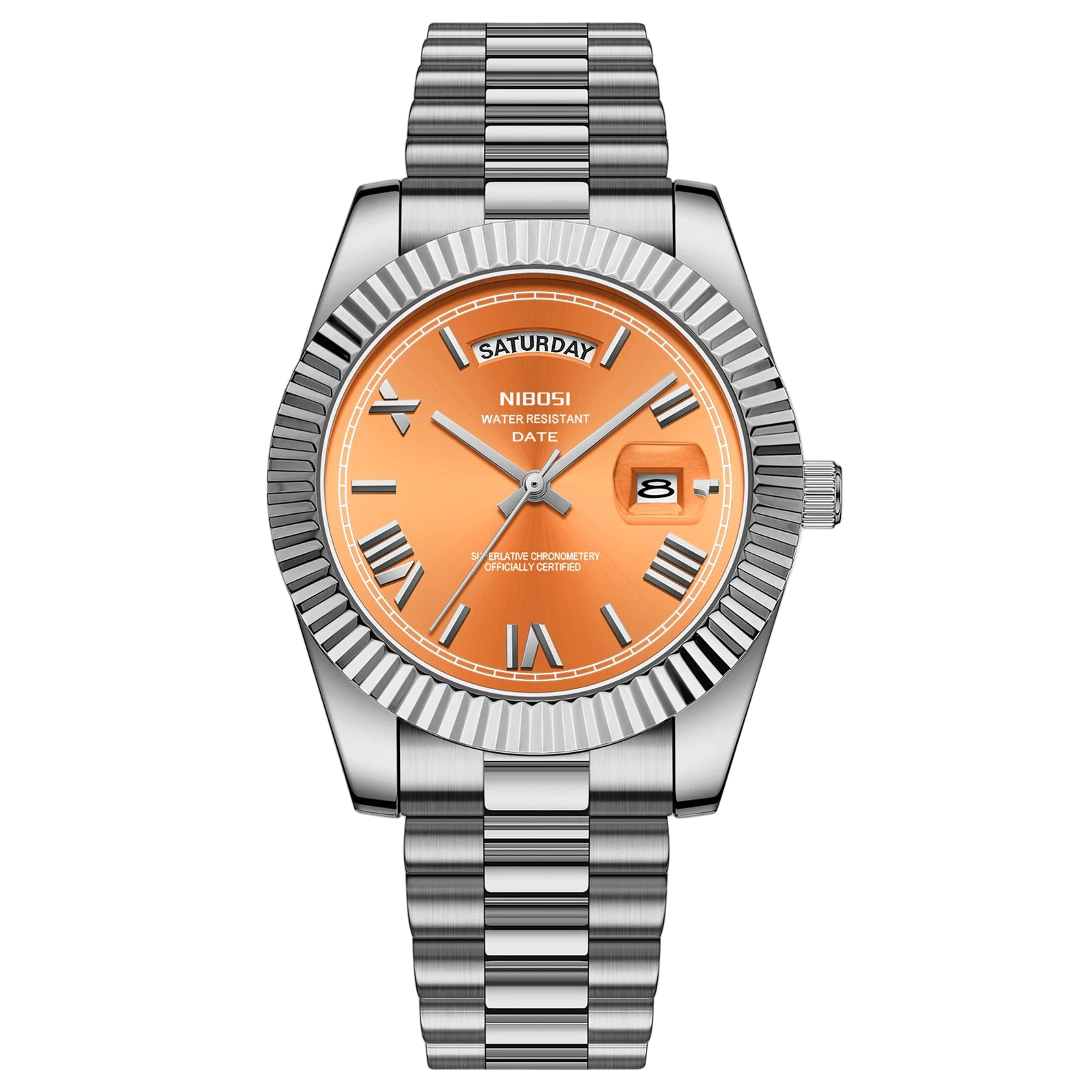 NIBOSI watch with orange face and silver bracelet on a white background
