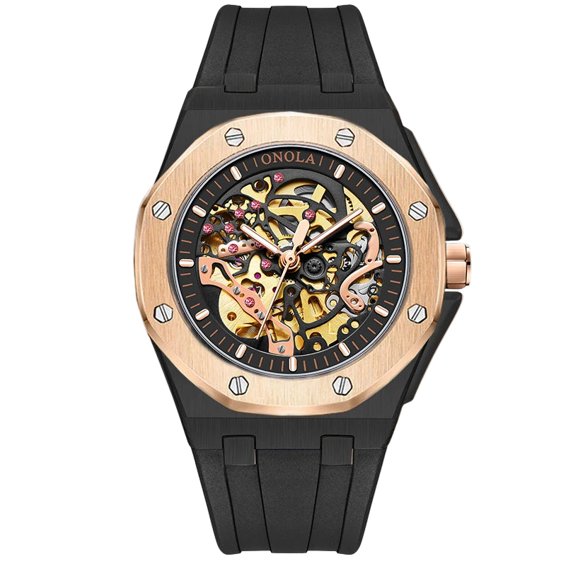 Luxury watch with black strap and rose gold case on white background