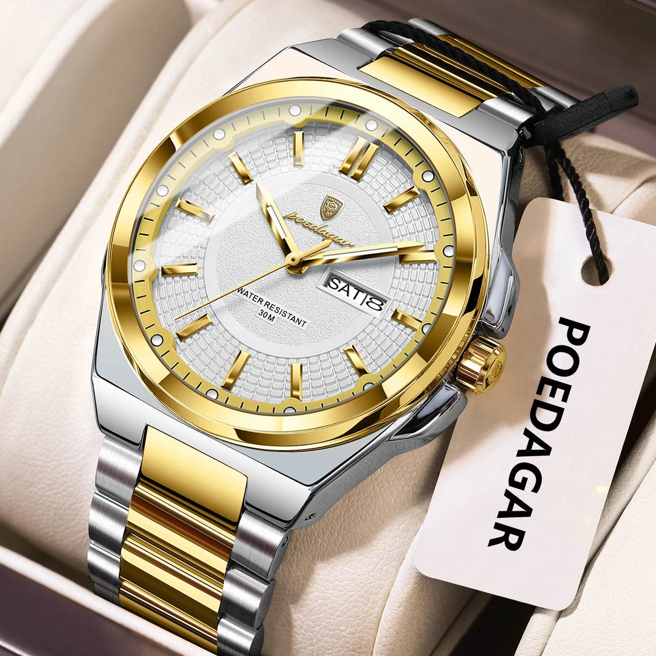 POEDAGAR Sport Original Men Clock Quartz Date Week Luxury Man Wristwatch Waterproof Luminous Stainless Steel Men's Watches...