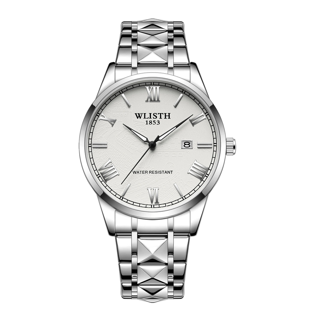 Silver wristwatch with white dial on a white background