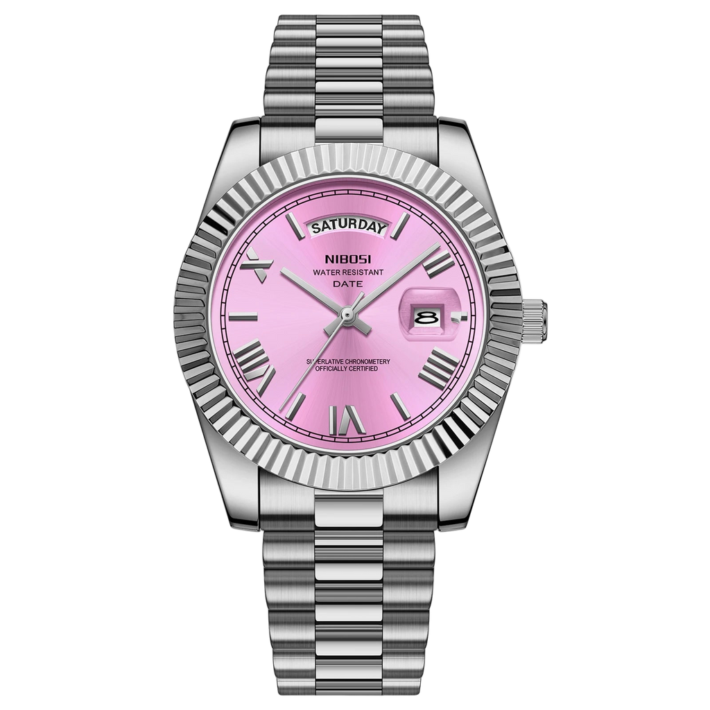 NIBOSI watch with pink face and silver band on a white background