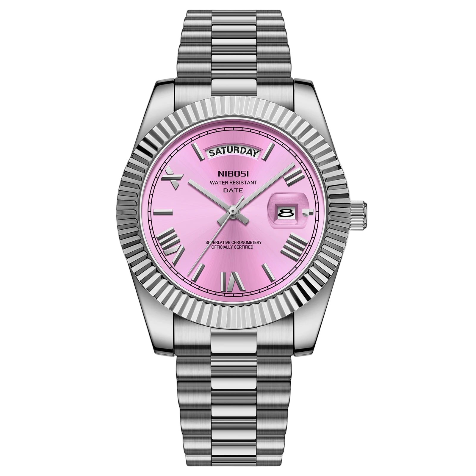 NIBOSI watch with pink face and silver band on a white background