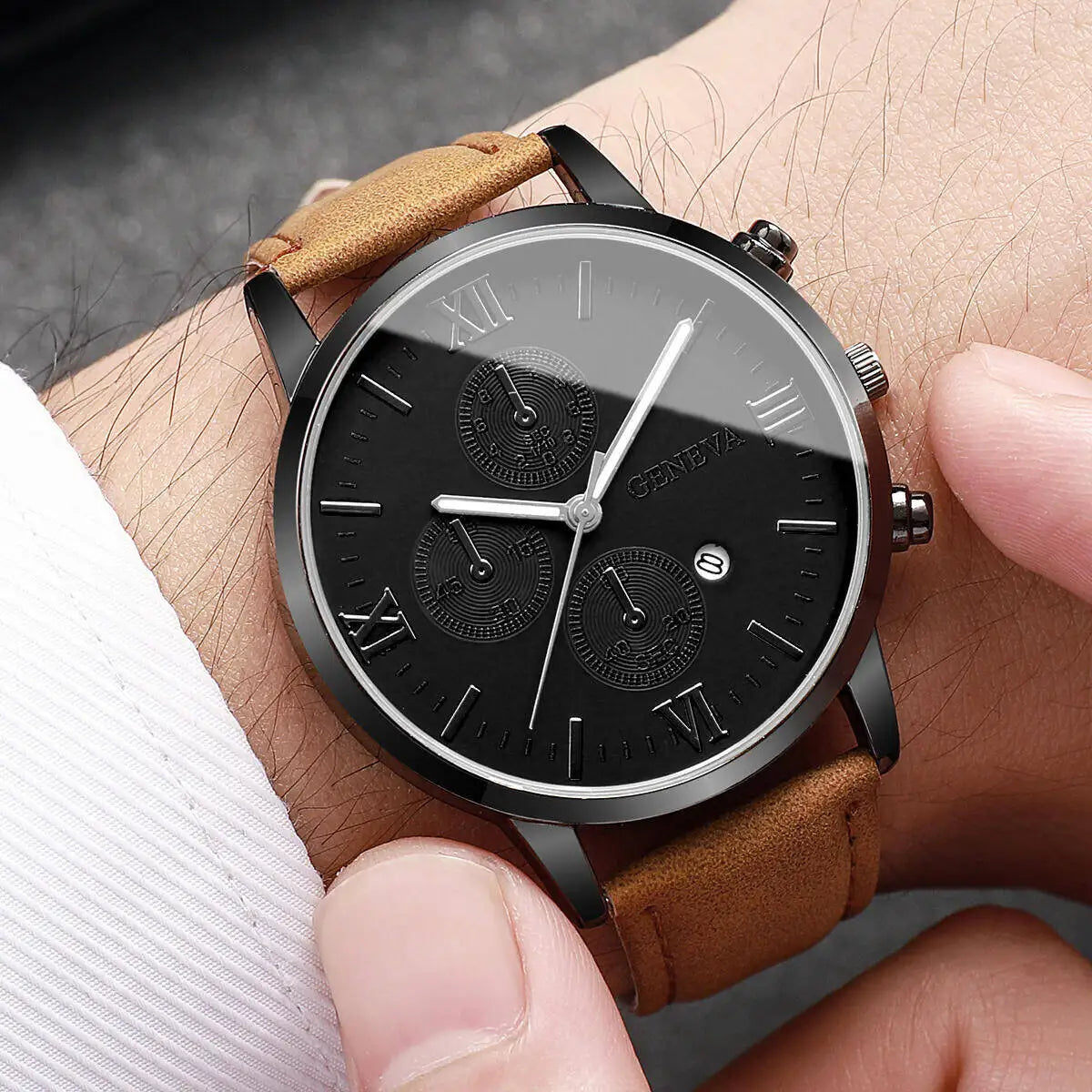 Fashion Roma Dial Men's Watch Casual Leather Strap Men Business Watches Analog Quartz Wristwatches with Calendar（Without B...