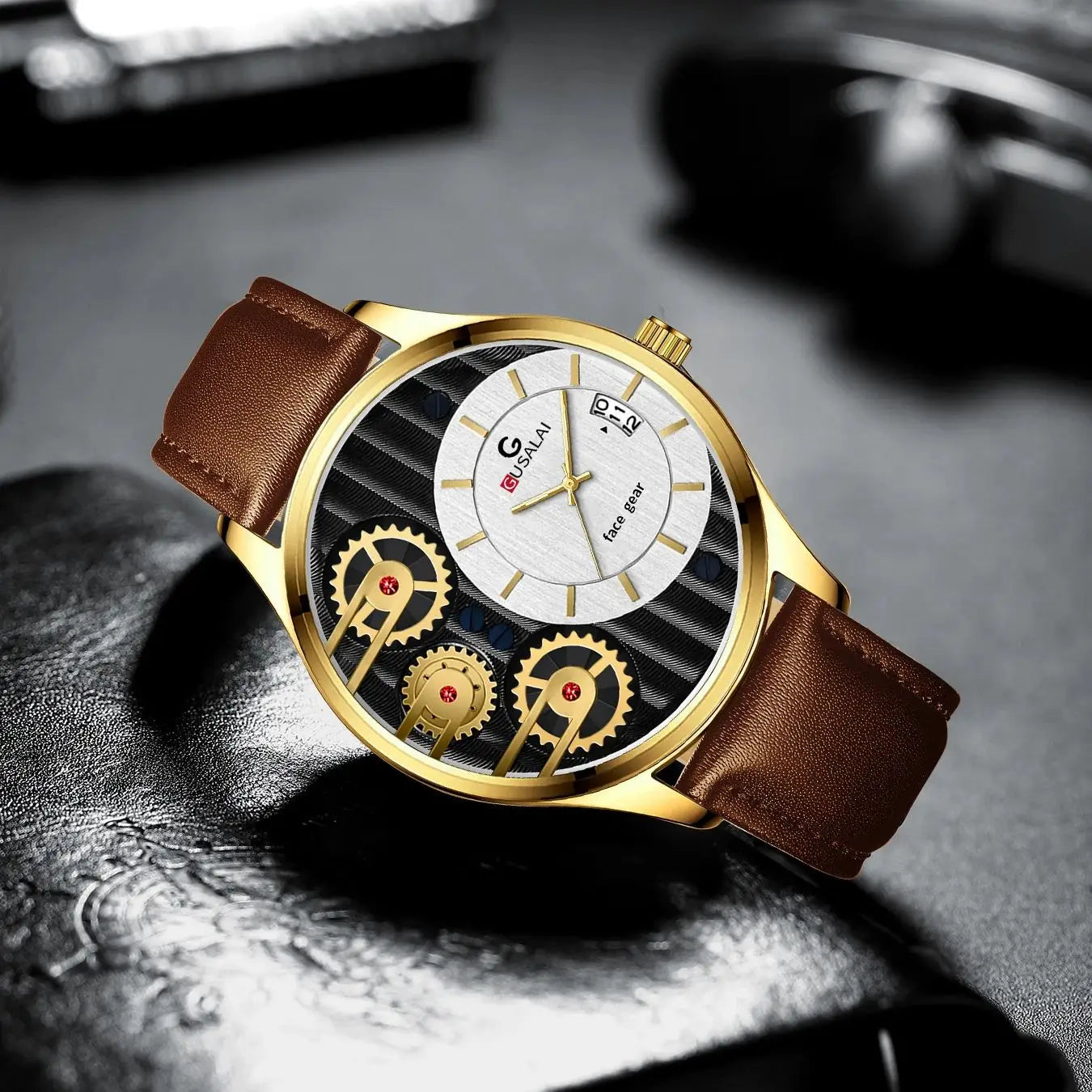 2025 New Men Watch Black Leather Creative Rotating Gear 44mm Military Sports Wind Clock Quartz Movement Wrist Watch reloj hombre